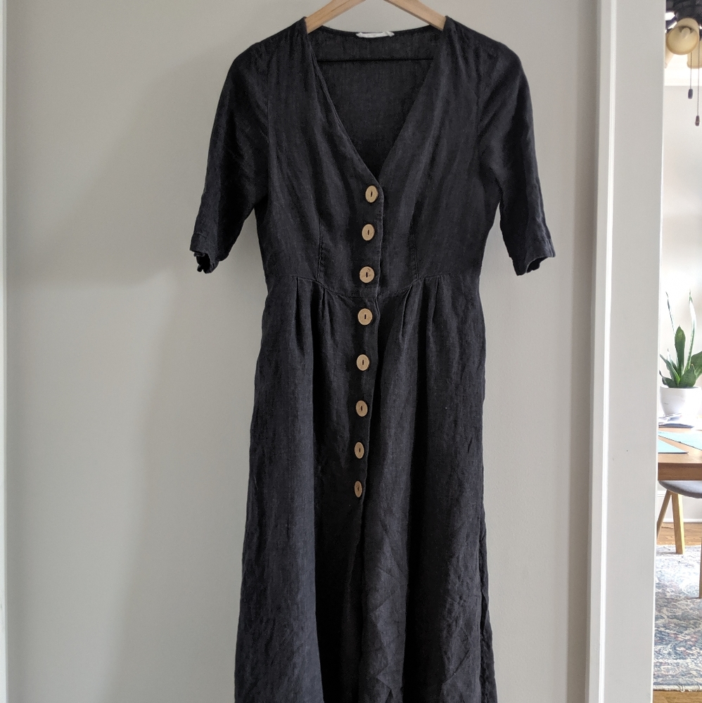 Linen-Blend Midi Button Front Dress